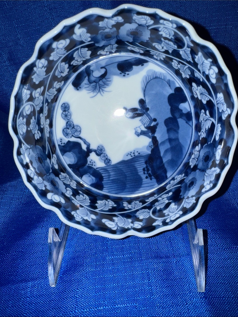 Vintage Japanese Blue and White Scalloped  Edge Porcelain Bowl - 5.5”